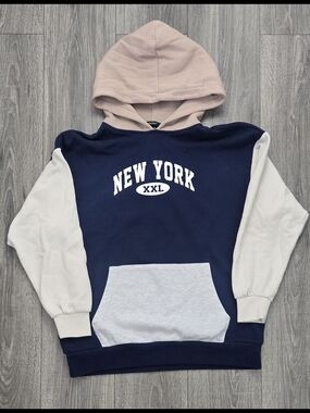 Forever 21 New York Colorblock Hoodie Women’s M Navy Beige Collegiate Y2K.